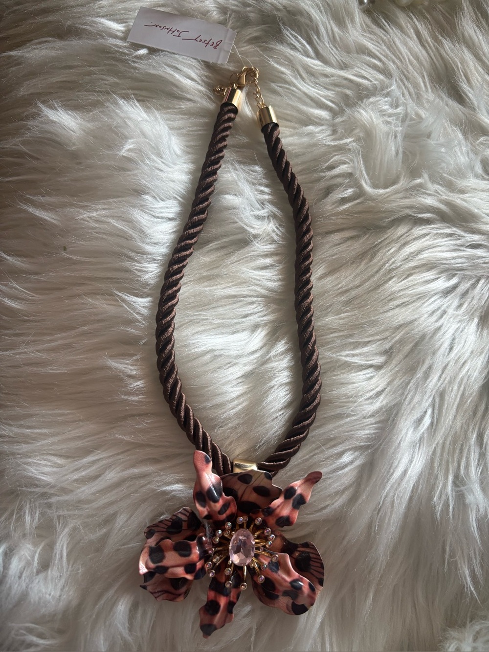 Betsey Johnson Brown Rope Necklace with Pink Leopard Flower Pendant